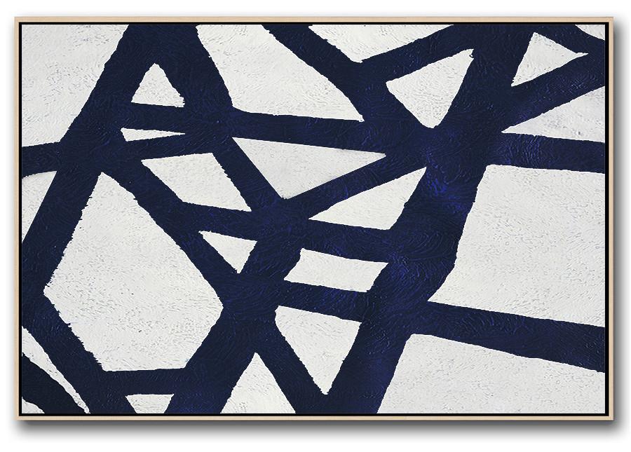 Horizontal Abstract Painting Navy Blue Minimalist Painting On Canvas - Gray And White Abstract Art Large